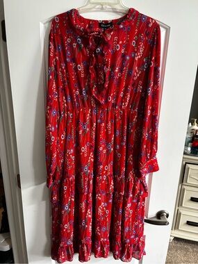 Red Floral Ruffle-Trim Dress